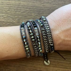Chan Luu 5-wrap bracelet: black leather, silver/black/clear beads